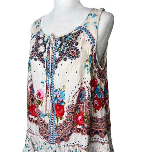 Bila Tank Top Jessica Sleeveless Tie Neck Blouse Bohemian Floral Cream Medium M - Picture 3 of 17